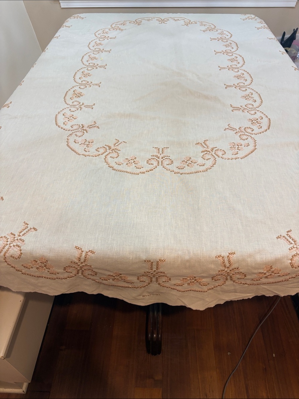 Handmade Oval Cream Cross-stitch Tablecloth with Tan Scrolls